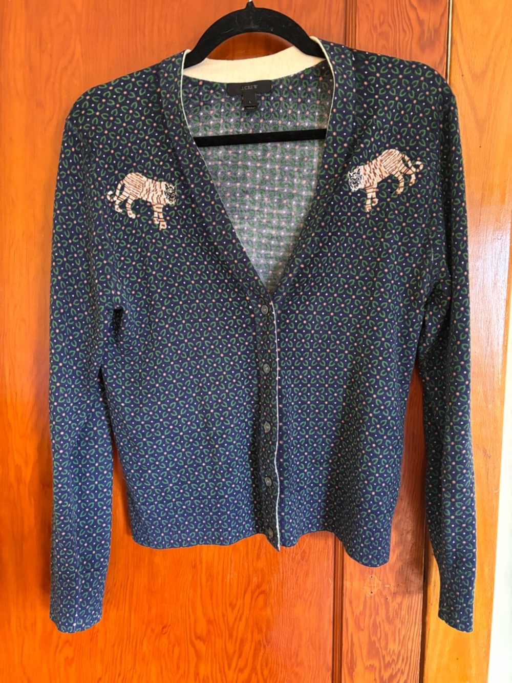 J. Crew Navy Geometric V‑Neck Cardigan with Tiger Embroidery